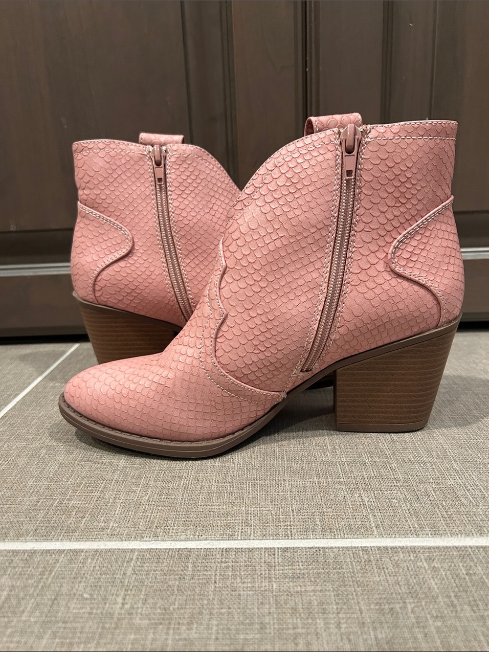 Sugar “Torch” Faux Snakeskin Booties in Pink, Size 7